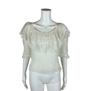 Vintage 80s Lace Top White Dotted Swiss Large Col… - image 1